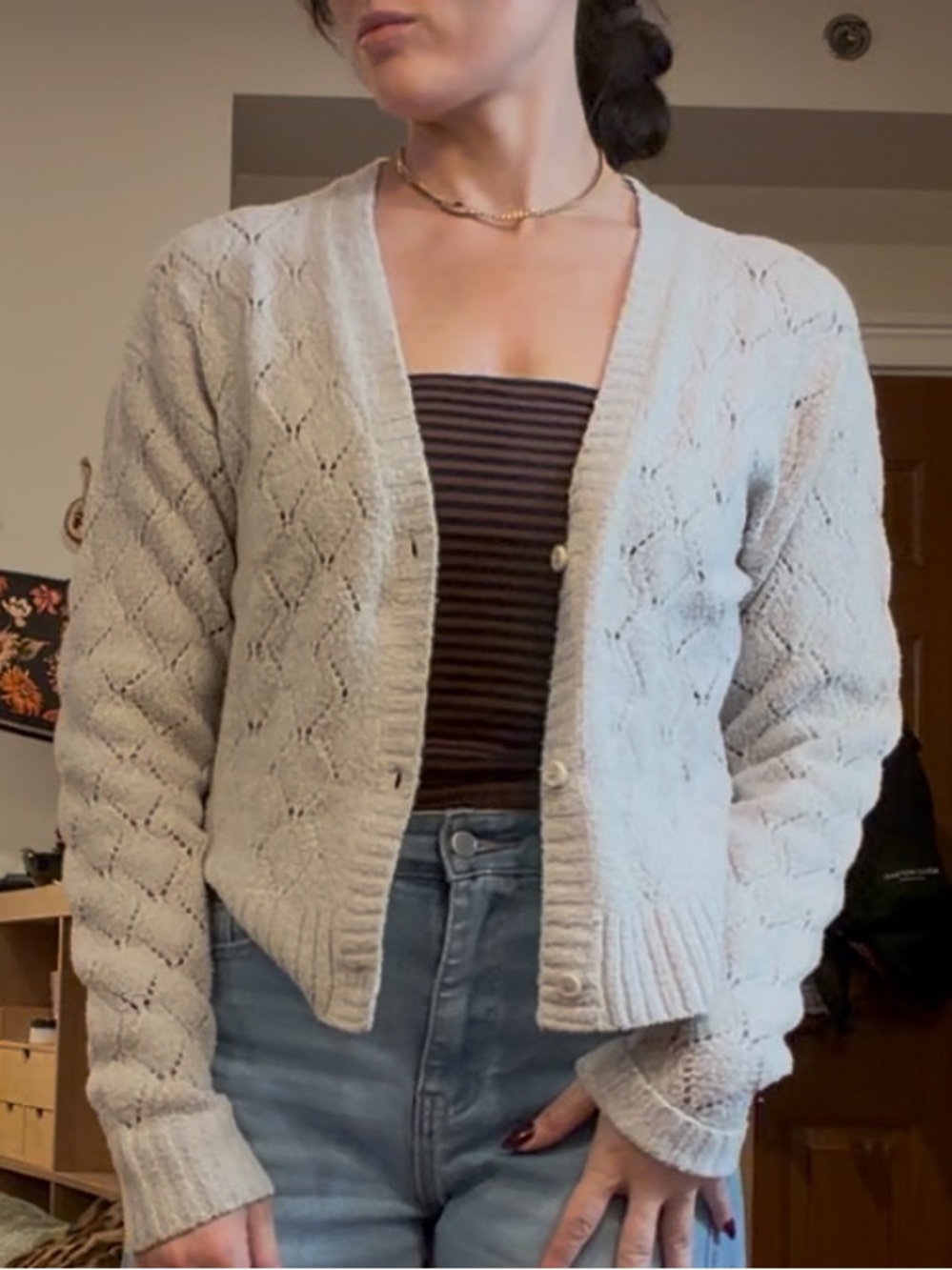 Blue Seven Gray Pointelle Open Knit Button Front Cardigan S/M